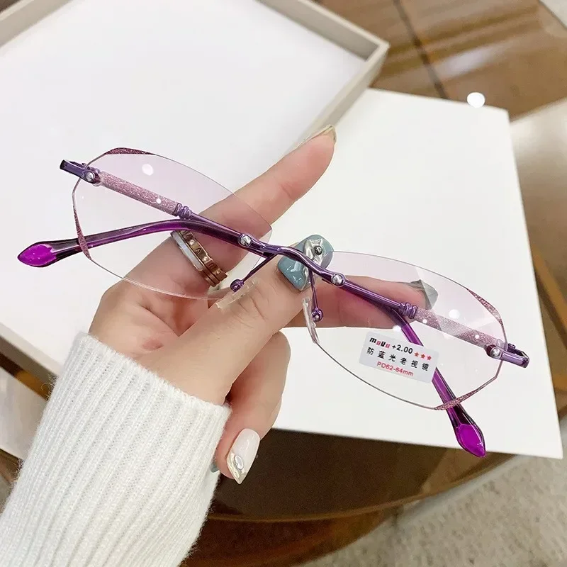 Fashion Frameless Cutting Edge Reading Glasses Red and Purple Starlight Fine Flash Presbyopia Eyewear Anti Blue Light Glasses