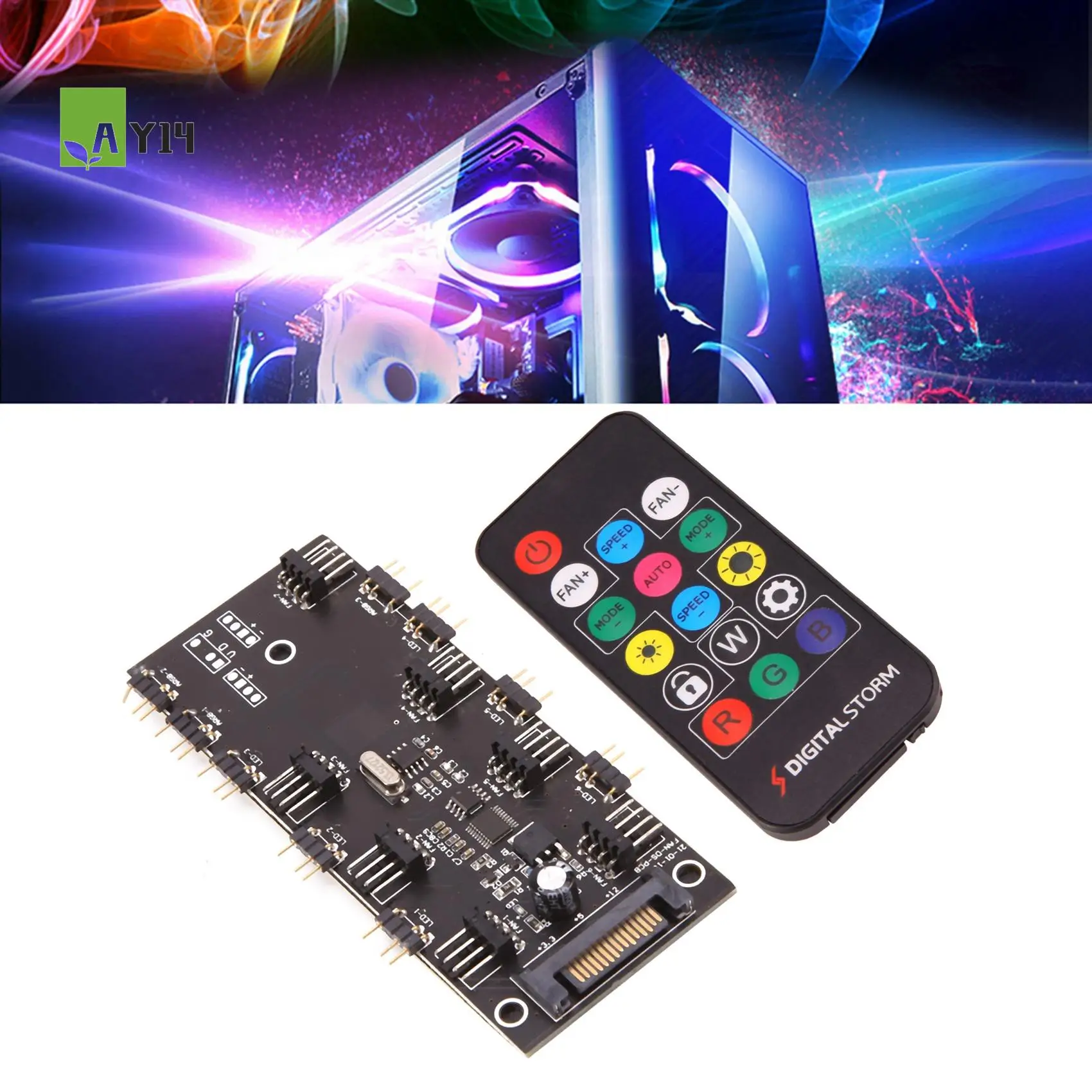 

AY14 -ARGB 5V Lighting+Fan Hub PWM One-Piece Controller SATA Power Supply For 4Pin 3Pin Computer Case Fan,With Remote Control