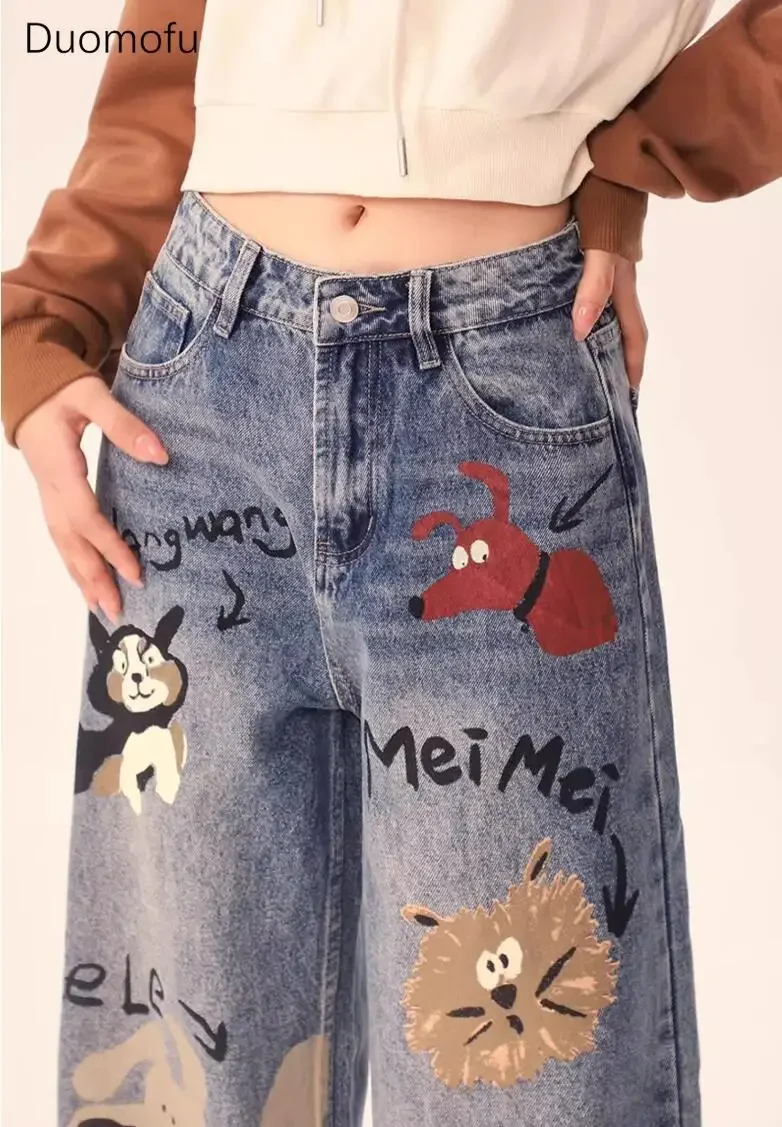 Duomofu 가을 플러시 스타일 세련된 달콤한 낙서 느슨한 여성 청바지 새로운 기본 높은 허리 슬림 캐주얼 스트레이트 패션 여성 청바지