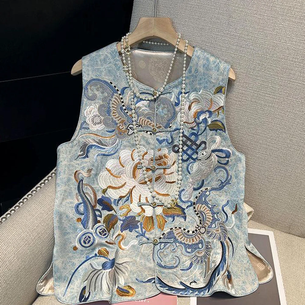 

Summer new new Chinese style thin sun vest round neck embroidery disc buckle sleeveless vest jackets roupas femininas