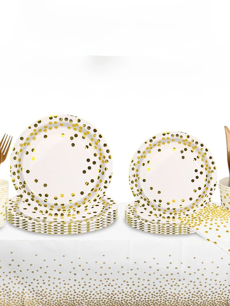 nouvelles-decorations-de-fete-d'anniversaire-blanches-a-pois-dores-en-relief-gobelets-assiettes-et-serviettes-jetables-en-papier-fournitures-de-fete