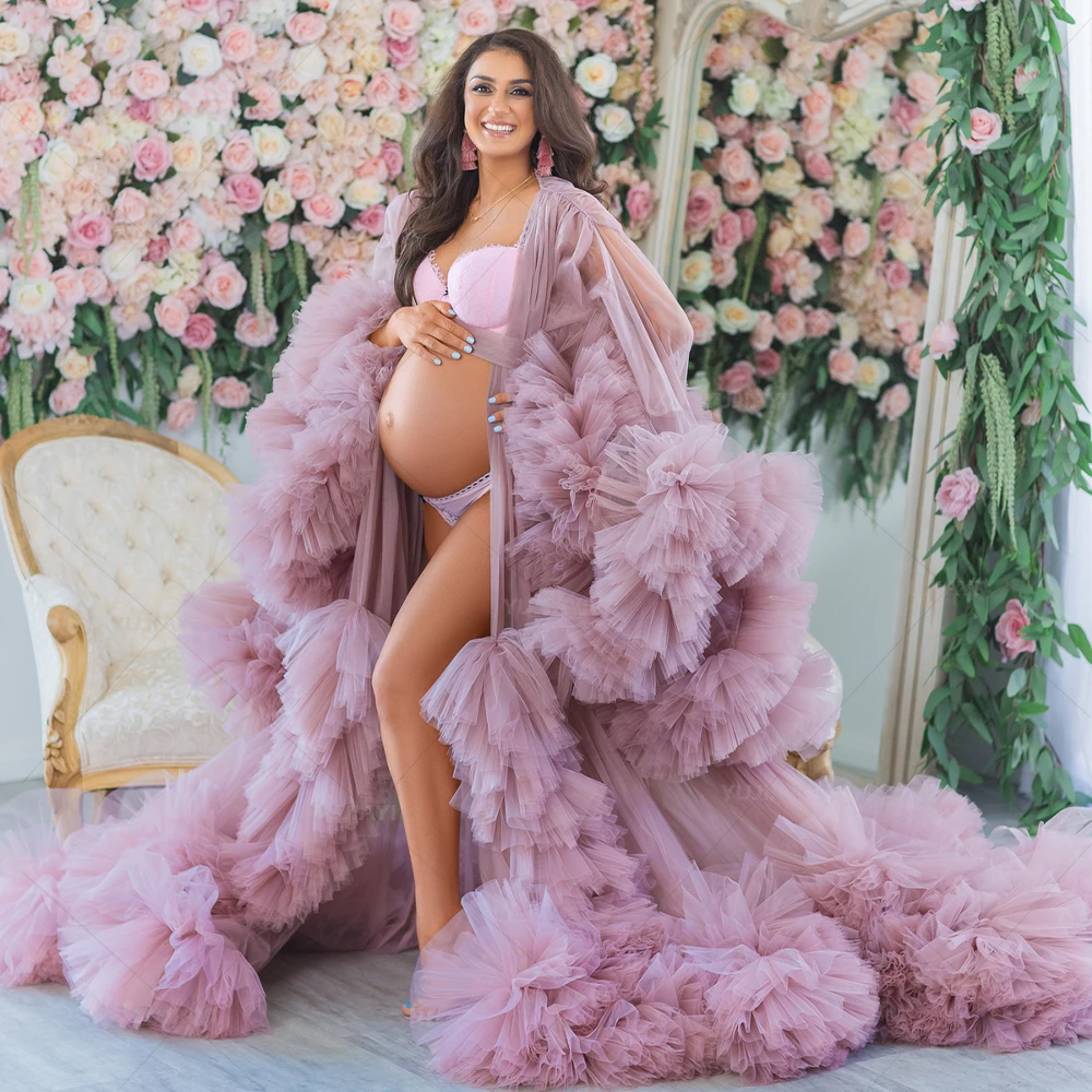 Women Prom Dresses Maternity Pregnant Robe Tiers Ruffles Pregnant Women Dresses Fluffy Long Sleeves Babyshower Gown Photoshoot