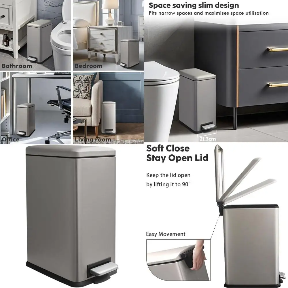 

17L Slim Pedal Bin with Lid for Home, Bathroom, Kitchen, and Office - Grey