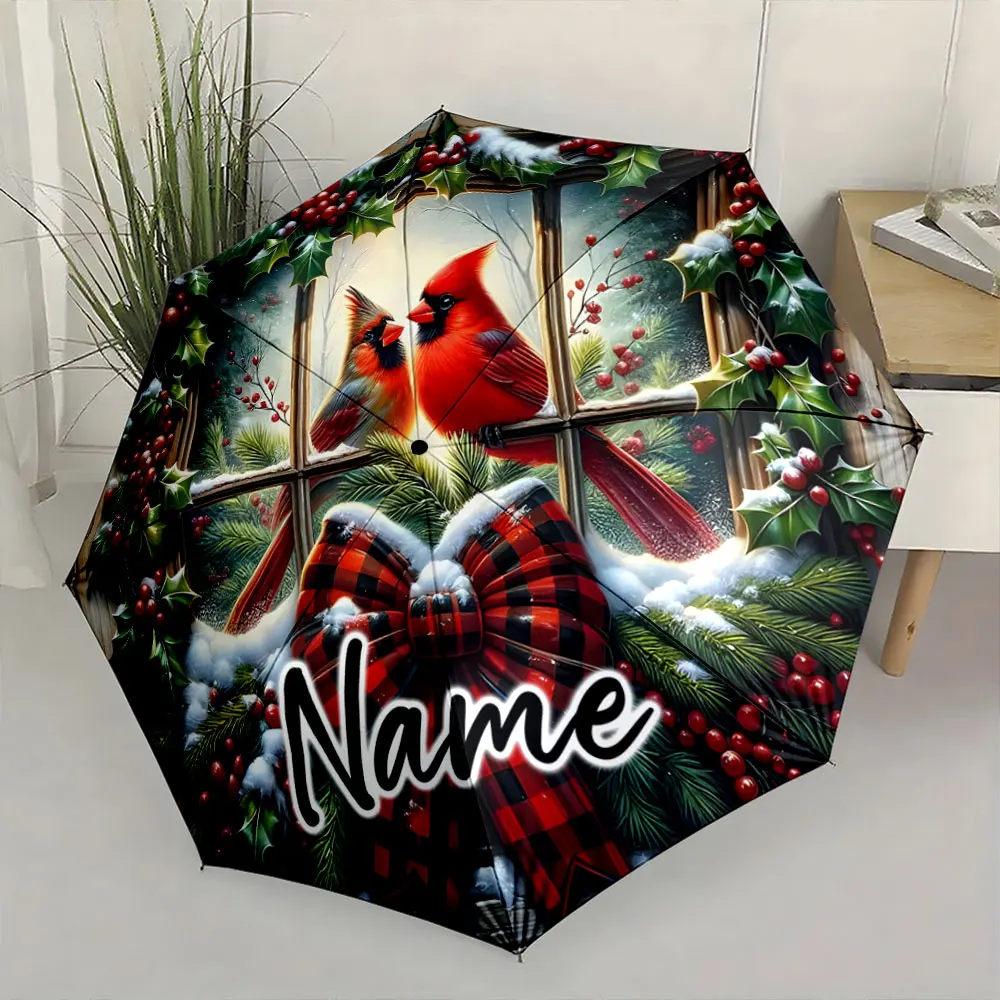 Custom Name  Festive Cardinal Umbrella - A Winter Wonderland Print 8 Iron Ribs Folding Umbrella Auto-Open Fashion Sunshade