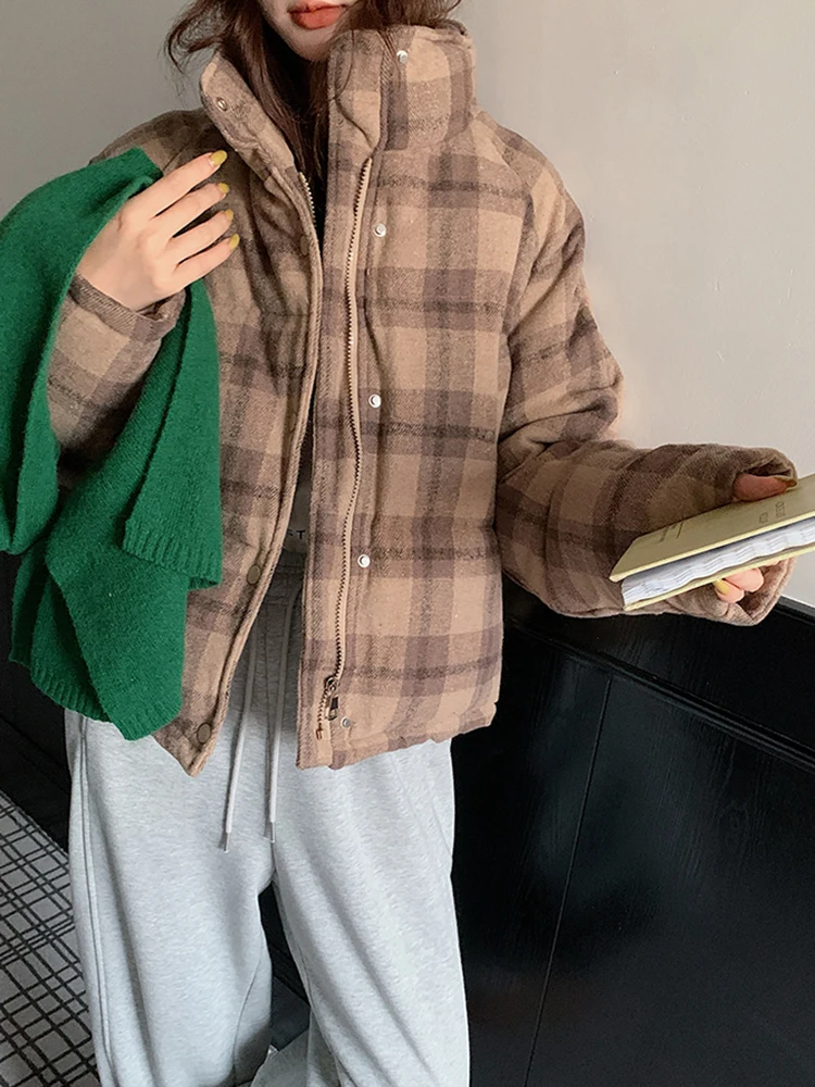 

Корейские модные винтажные клетчатые парки, женские зимние толстые теплые хлопковые пальто с воротником-стойкой, свободная уличная куртка в стиле Харадзюку с карманами