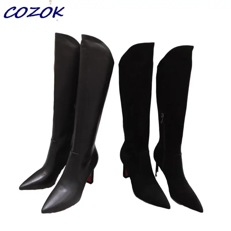 Calfskin boots  Cashmere wool boots shoes inside top hybrid sheepskin botas para mujer DE moda leather boots women