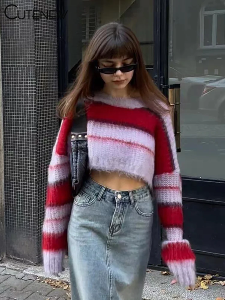 Cutenew Women Knitted Stripe Patchwork Sweater Winter Loose Colorful O-neck Full Sleeve Bare Midriff Panelled Croped Tops Hot