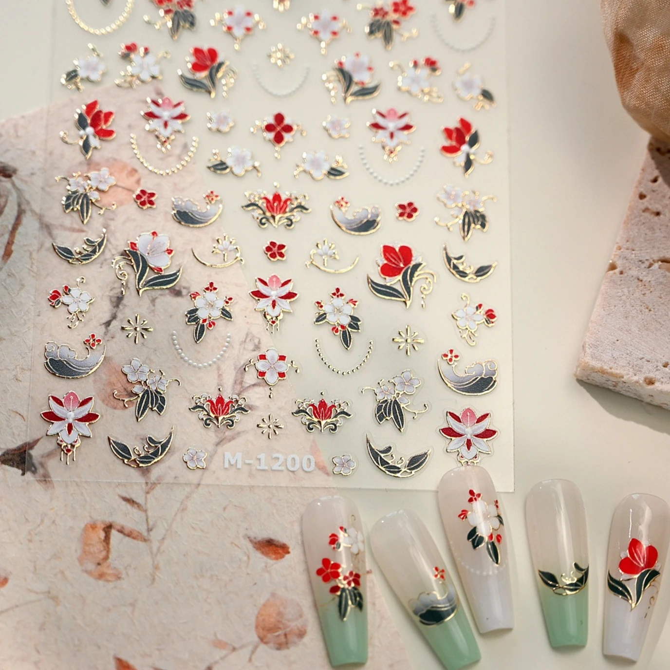 Autocollants de manucure pour Nail Art, fleur rouge et blanche délicate, estampage à chaud romantique, nuages de bon augure, pivoine, maïs, coquelicot, feuilles vertes
