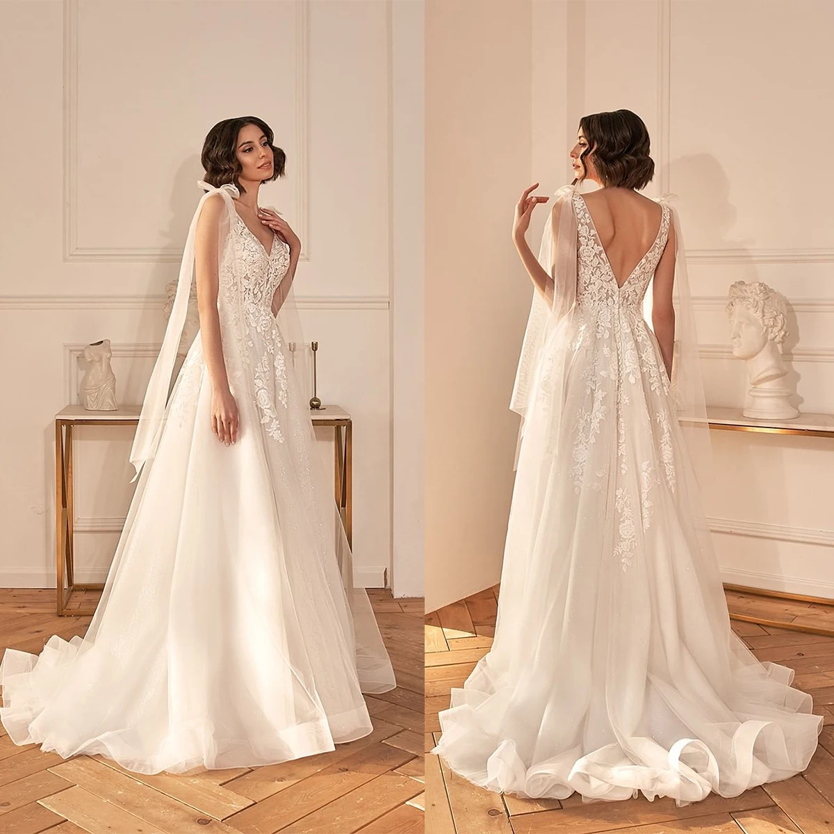 

Glmorous A-Line Wedding Dresses V-Neck Lce Applicnts Tulle Bow On The Shoulder Bckless Zipper Court Gown Custom Mde Plus Size
