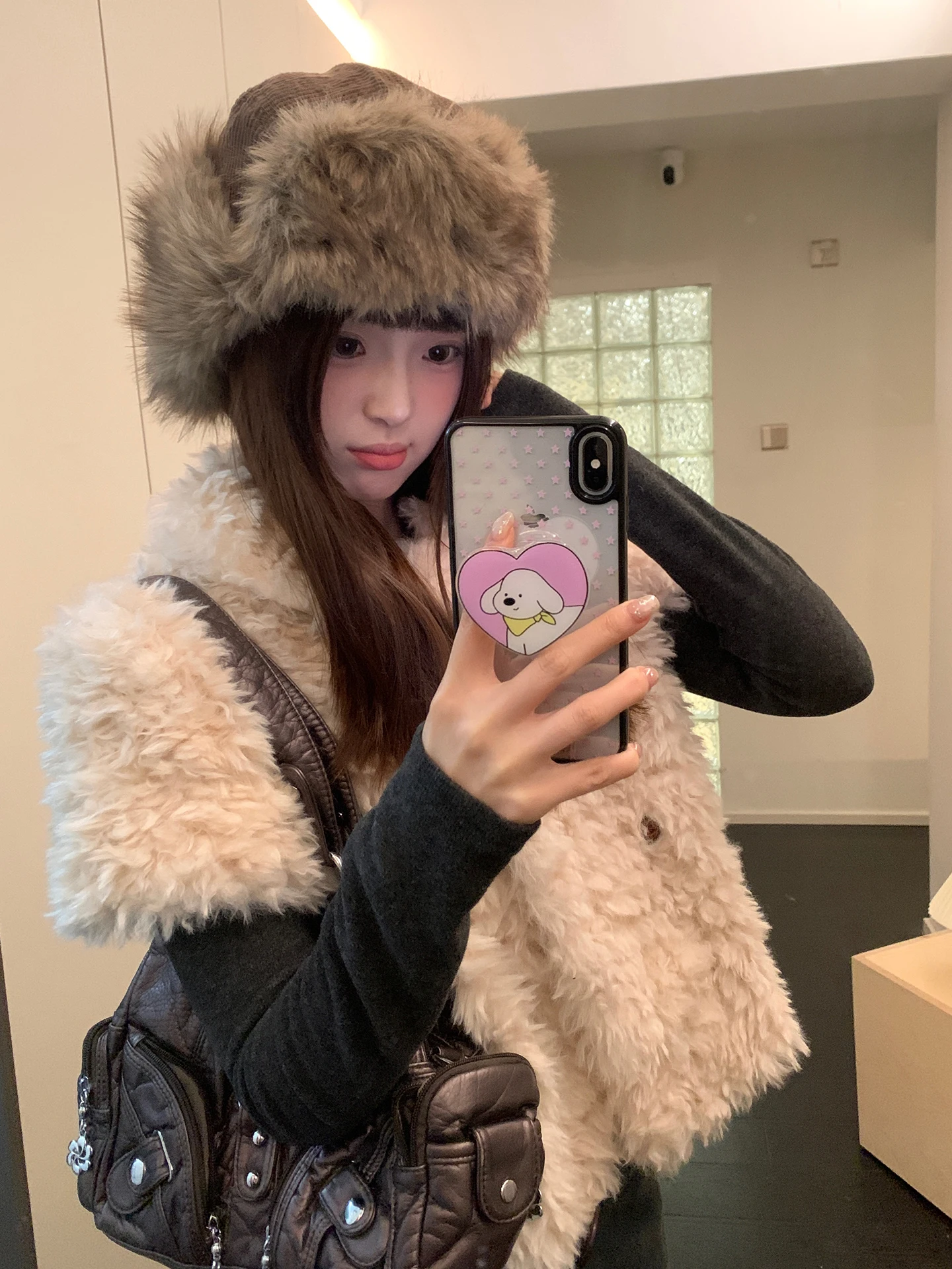 Retro Plush Brown Earmuffs For Women Thickened Warm Hooded Hat For Winter Cold-Proof Flying Hat