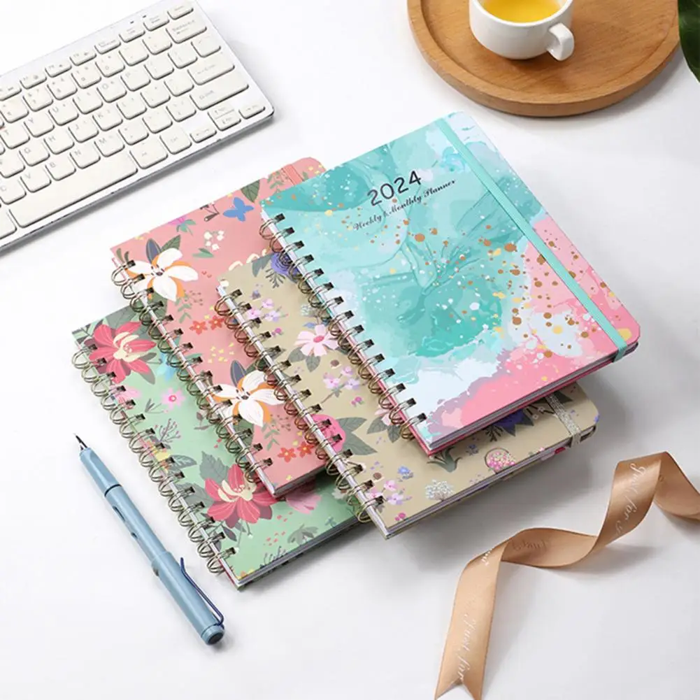 High-quality Paper Planner Floral Print 2024 Monthly Planner Exquisite Coil Design Schedule Book for Home Office Stay Organized