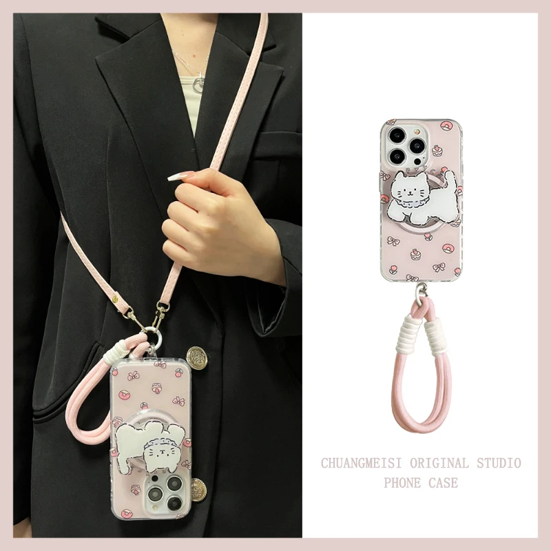 

Магнитная подставка с милым мультяшным котом для iphone 15 pro, чехол для телефона Apple 14promax 14pro, защита от падения, 13 pro, ремешок через плечо 15