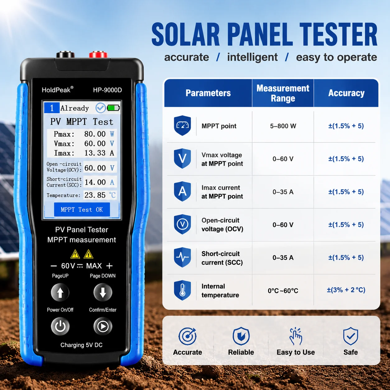MPPT Solar Panel Tester 800W 60V 35A PV Multimeter Voltmeter Ammeter with Data Logging LCD Display, Overheat Overvoltage Reverse
