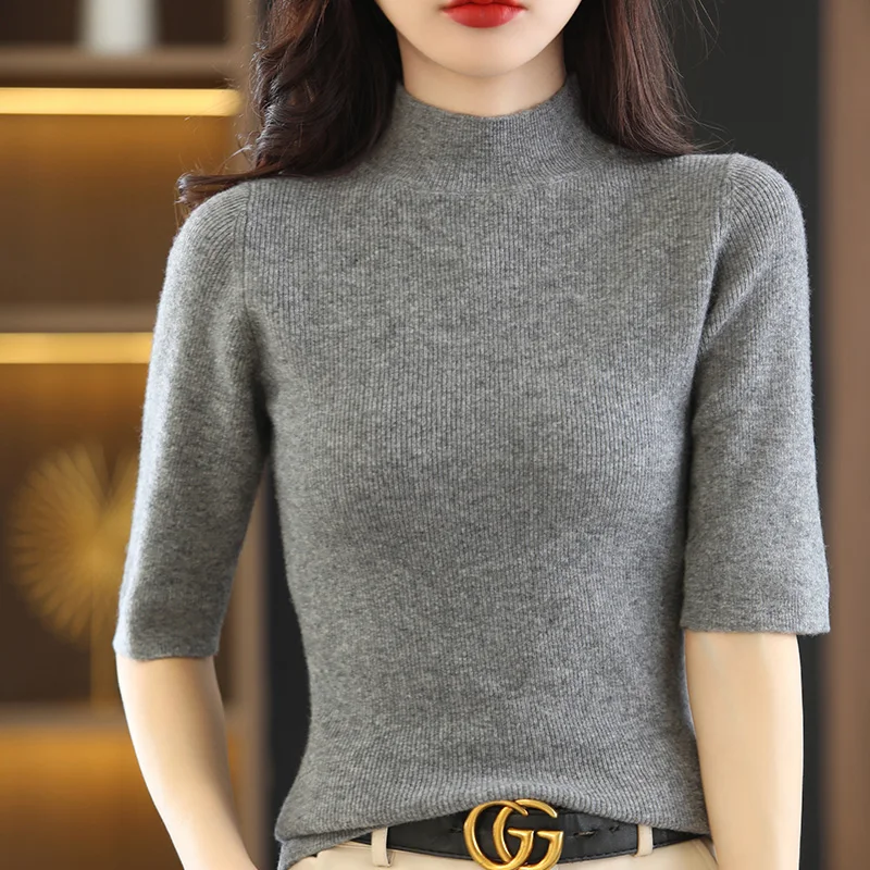 Mới Nửa Cao Cổ Cashmere Áo Len Nữ Áo Thun Cổ Tay Ngắn Áo Len Ngắn Tay Nữ