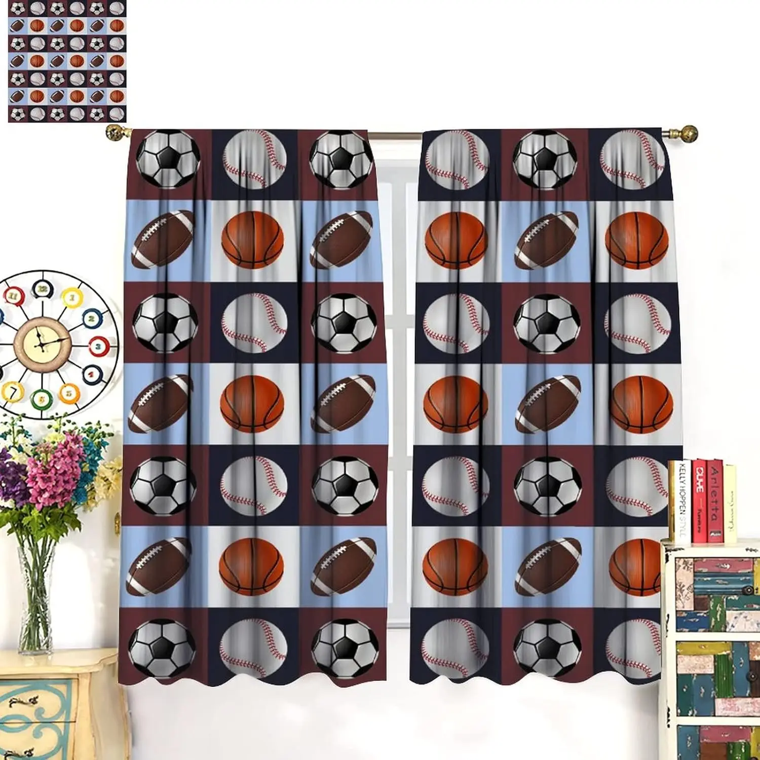 Sports Theme Boys Bedroom Curtains, 3D Cartoon Soccer Basketball Rugby Sports Pattern Teenage Kids Bedroom Living Room Window