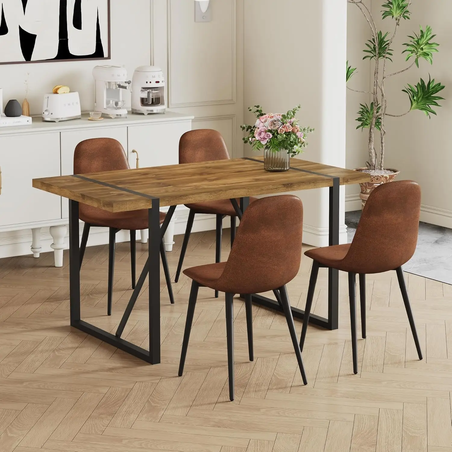 Conjunto de 4 cadeiras de mesa de cozinha, mesa de jantar moderna de madeira escura de 55 '' e cadeiras de jantar de tecido, conjunto de 4, conjunto de mesa de jantar para 4