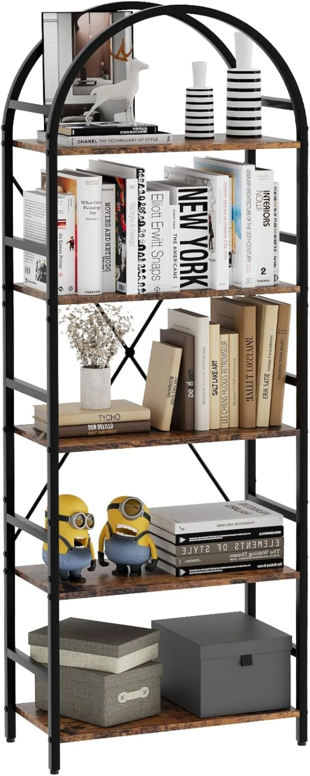 

5-Tier Bookshelf, 24 Inch Width Arched Bookcase, Vintage Storage Rack with Open Shelves, Free Standing Shelf for Home Office