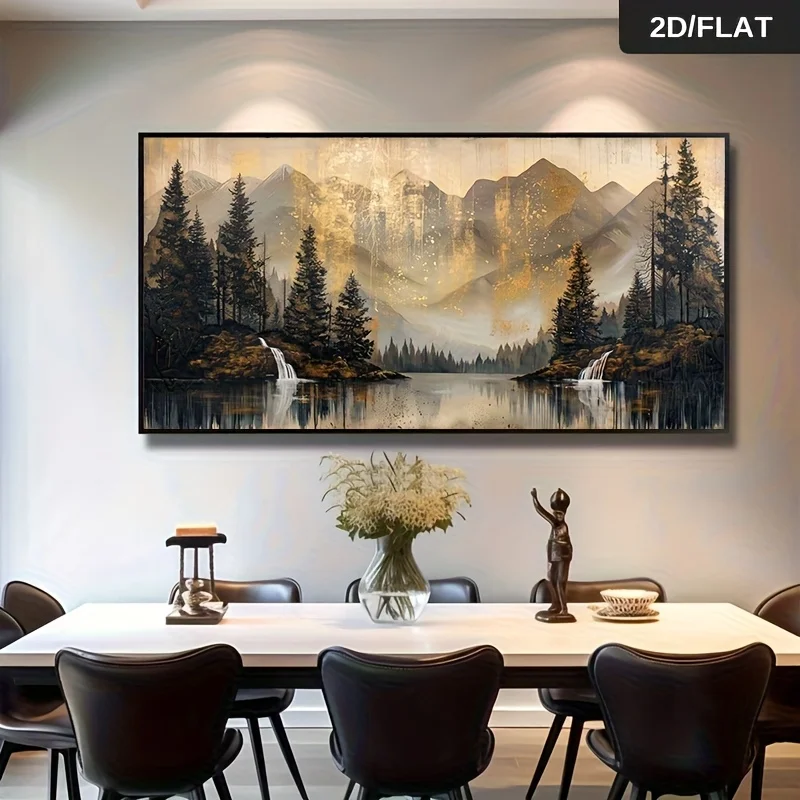 2Dflat,Frameless Modern Abstract Retro Forest Canvas Painting,Art with Pine Trees,Mountain Lakes and Waterfall Landscapes