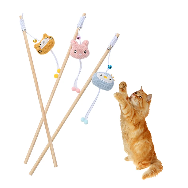 Cat toy wooden pole Cute animal shape plush cuddly cat stick with bell interactive fun pet supplies