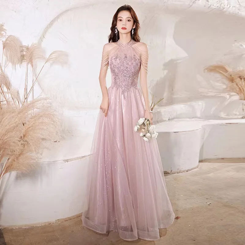 

Luxury Pink Celebrity Dress A-Line Sequin Beaded Halter With Tassel Sleeve Exquisite Floor-Length Prom Evening Gown New Arrivals