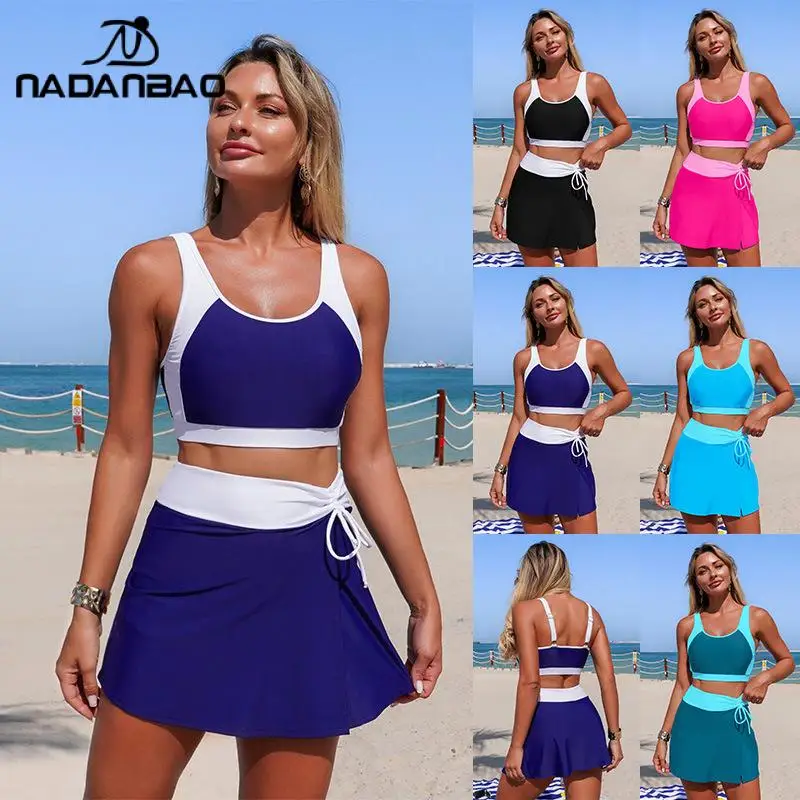 

Nadanbao женский блочный цвет бикини сексуальный бюстгальтер без рукавов быстросохнущая юбка купальник с карманом повседневный спортивный купальный костюм