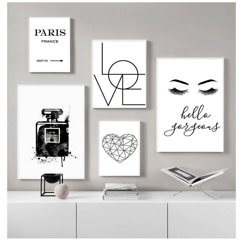 Perfume Art Print Fashion Eyelash Canvas Painting Geometric Heart Wall Pictures Home Decor Black And White Paris Fashion Poster