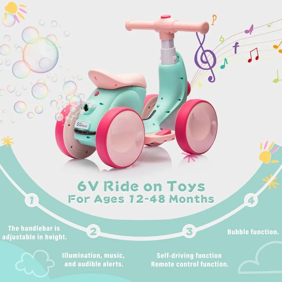 6V Electric Baby Balance Bike with Bubble Machine4 in 1 Toddler Balance Bike w/Remote for 1 Year Old Boys Girls Bubble Bike Rid