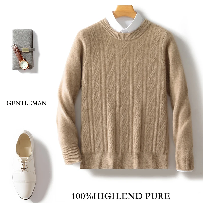 Autumn And Winter New 100% Pure Wool Men's Round Neck Twisted Flower Thick Knitted Sweater Loose Casual Bottoming Shirt