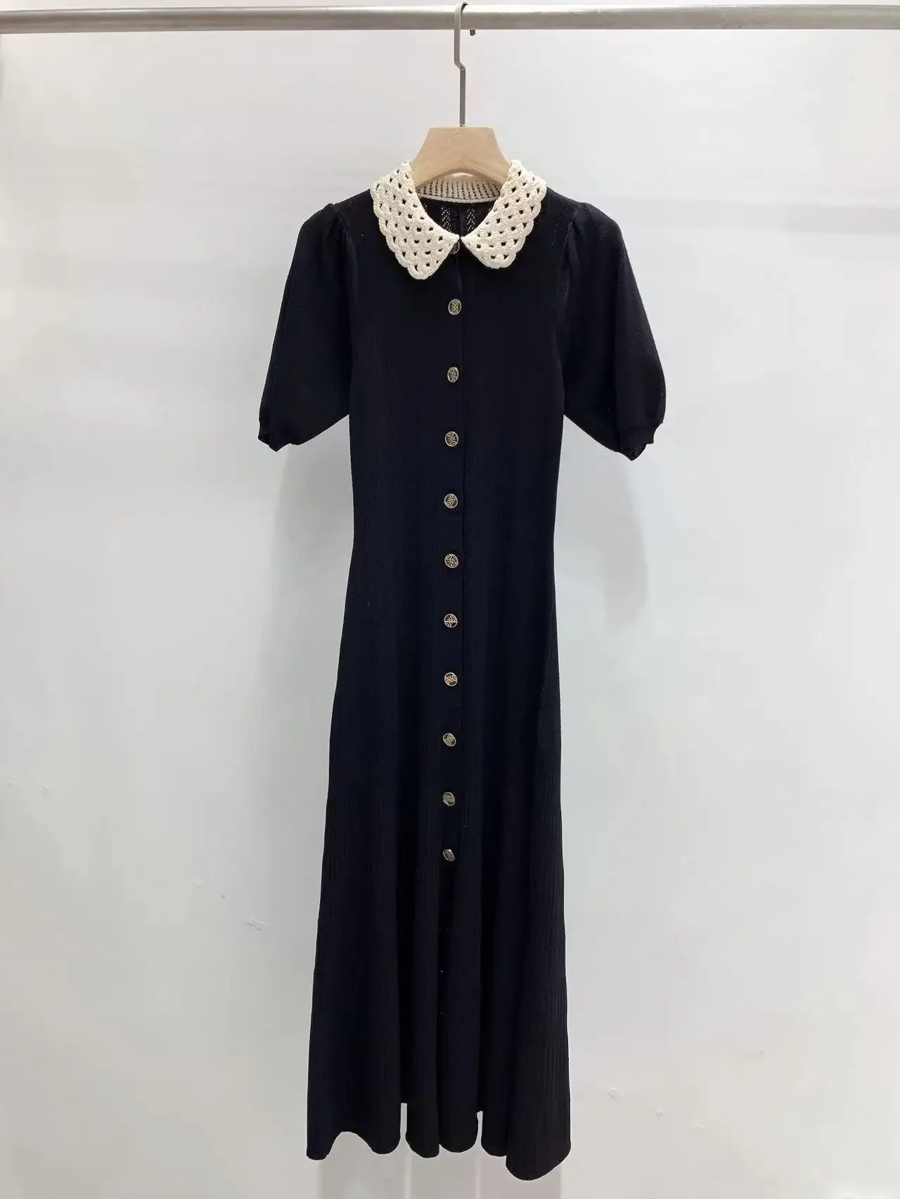 Woman Black Doll Collar Knit Dress Short Sleeve Single Breasted Evening Party Elegant Maxi Dress