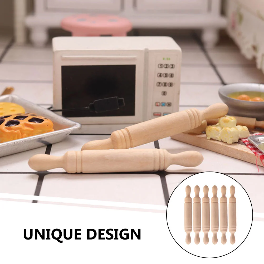 6 Pcs Mini Wood Rolling Pin Simulation Sticks House Decoration Wooden Tiny