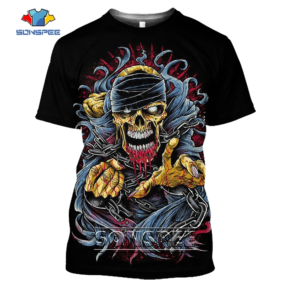 SONSPEE Summer New Pirate Skull Graphic 3D Print T-shirt  Men's Gory Skull Bandage Pattern Short Sleeve Round Neck Oversiz Top