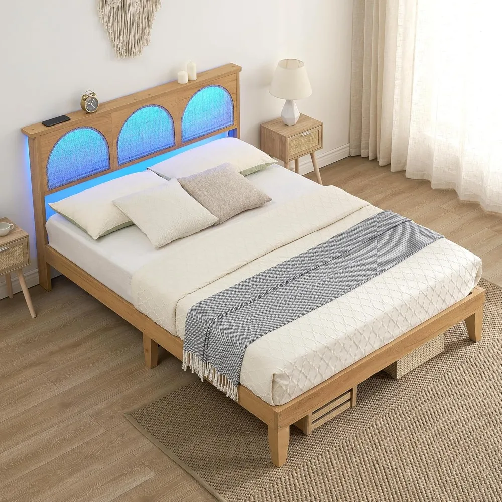 Bed Frame with Rattan Headboard, Boho Cane Platform Bed Frame with LED Lights, Solid Wood Foundation with Wood Slat Support