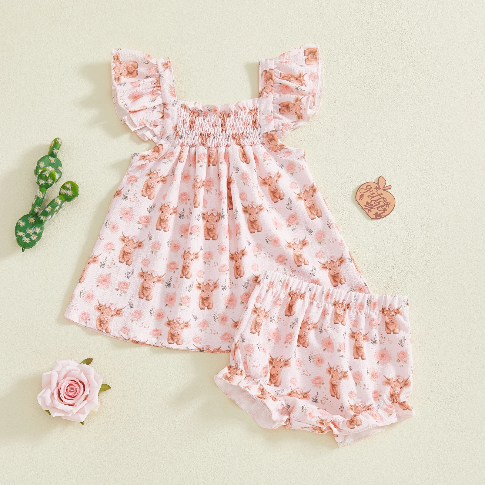 0-24M Infant Newborn Baby Girl Summer Outfits Highland Cattle Floral Print Ruffled Sleeve Tops with Matching Shorts 2 Piece Set