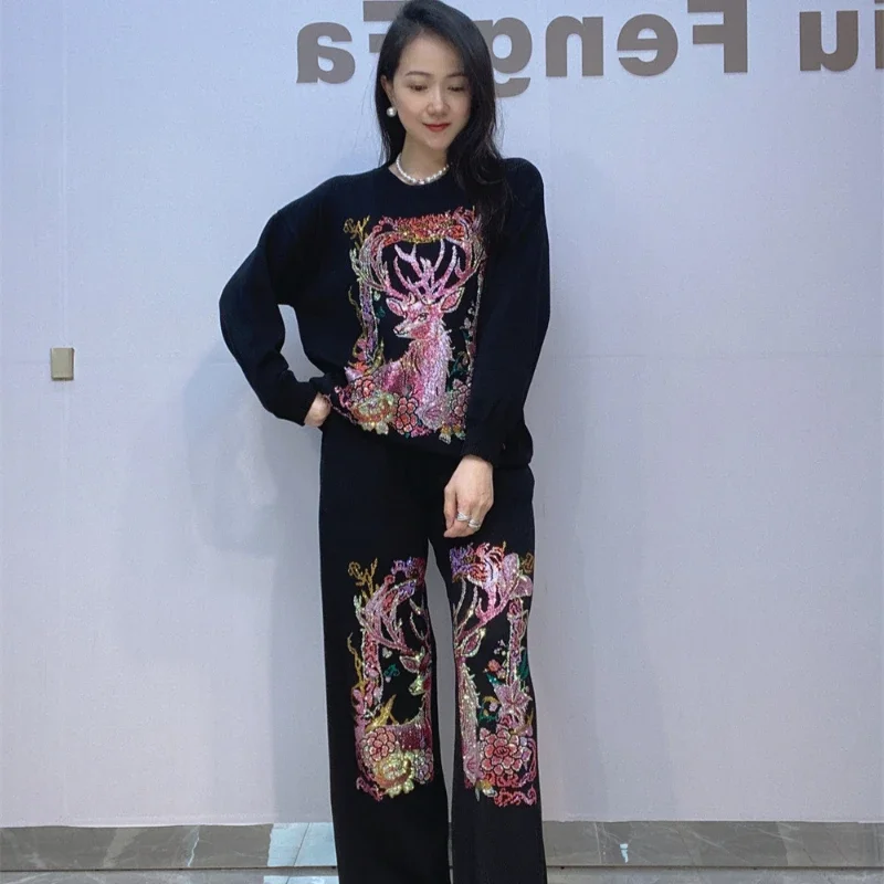 

2024 New Autumn Winter Women Two-piece Set Cute Deer Hot Drilling Knitted Sweater Top + Wide Leg Loose Straight Pants Knit Suits