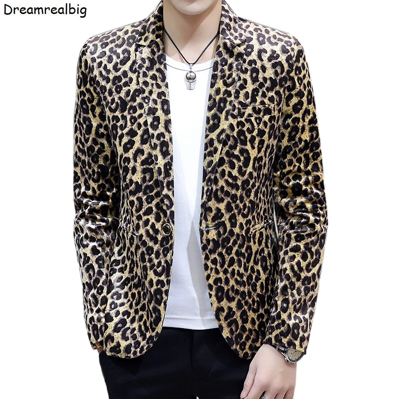 Men Leopard Casual Blazer Single Button 2024 Spring Autumn Korean Style Notched Lapel Mens Velvet Suit Jacket