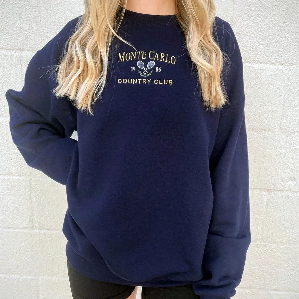 Monte Carlo Country Club Embroidered Sweatshirts Women Autumn Long Sleeve Loose Thick Fleece Pullover Vintage Style Jumper