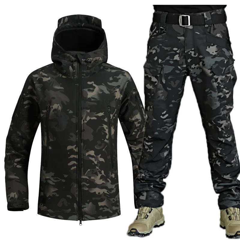 Camo Winter Tactical Sets Men Shark Skin Soft Shell Hooded Jacket+Multi-pocket Straight Cargo Pant 2 Pcs Suits Waterproof Set