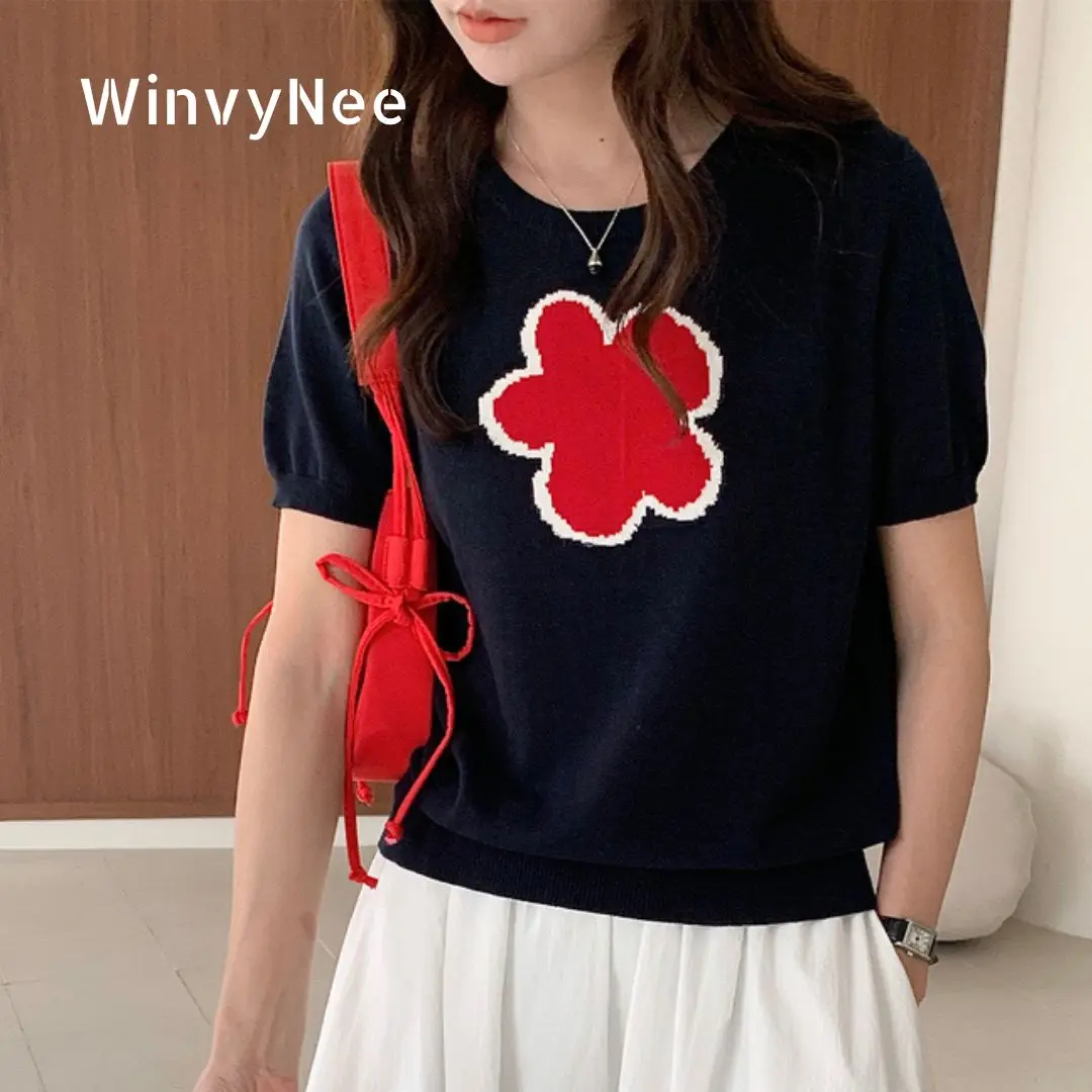 

WinvyNee Summer Women‘s Cotton T-shirt Short Half Sleeve Top Y2k O Neck Flower Korea Casual Pullover Basic Clothing Top A1522070