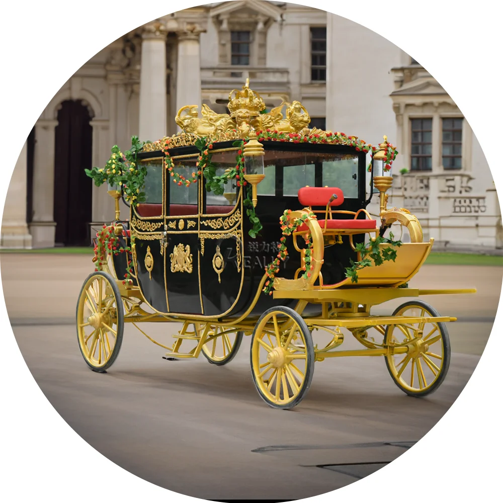 

Deluxe Golden Sculpture Horse Drawn Wagon Royal Horse Carriage For Hotel Show