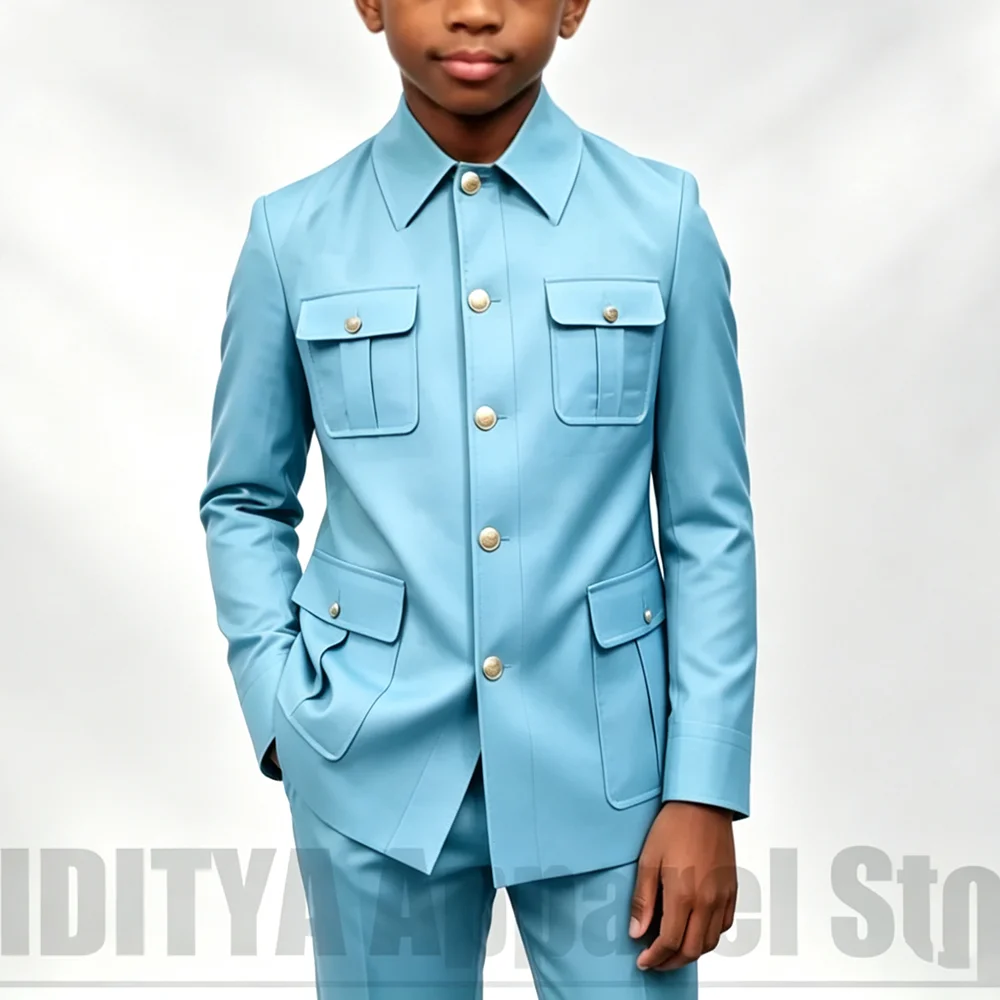 Boys Multi Pocket Stand Collar Formal Suit Gold Button Jacket with Pants Kids Wedding Birthday Party Performance Wear 2 Piece
