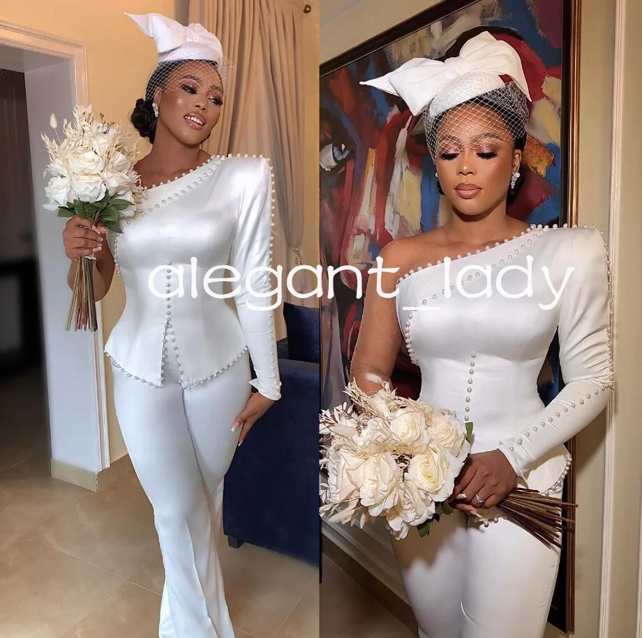 One Shoulder Aso Ebi Jumpsuit Wedding Dresses Outfit Long Sleeve Pearls Corset Customsized African Bridal Gown Pant Suit