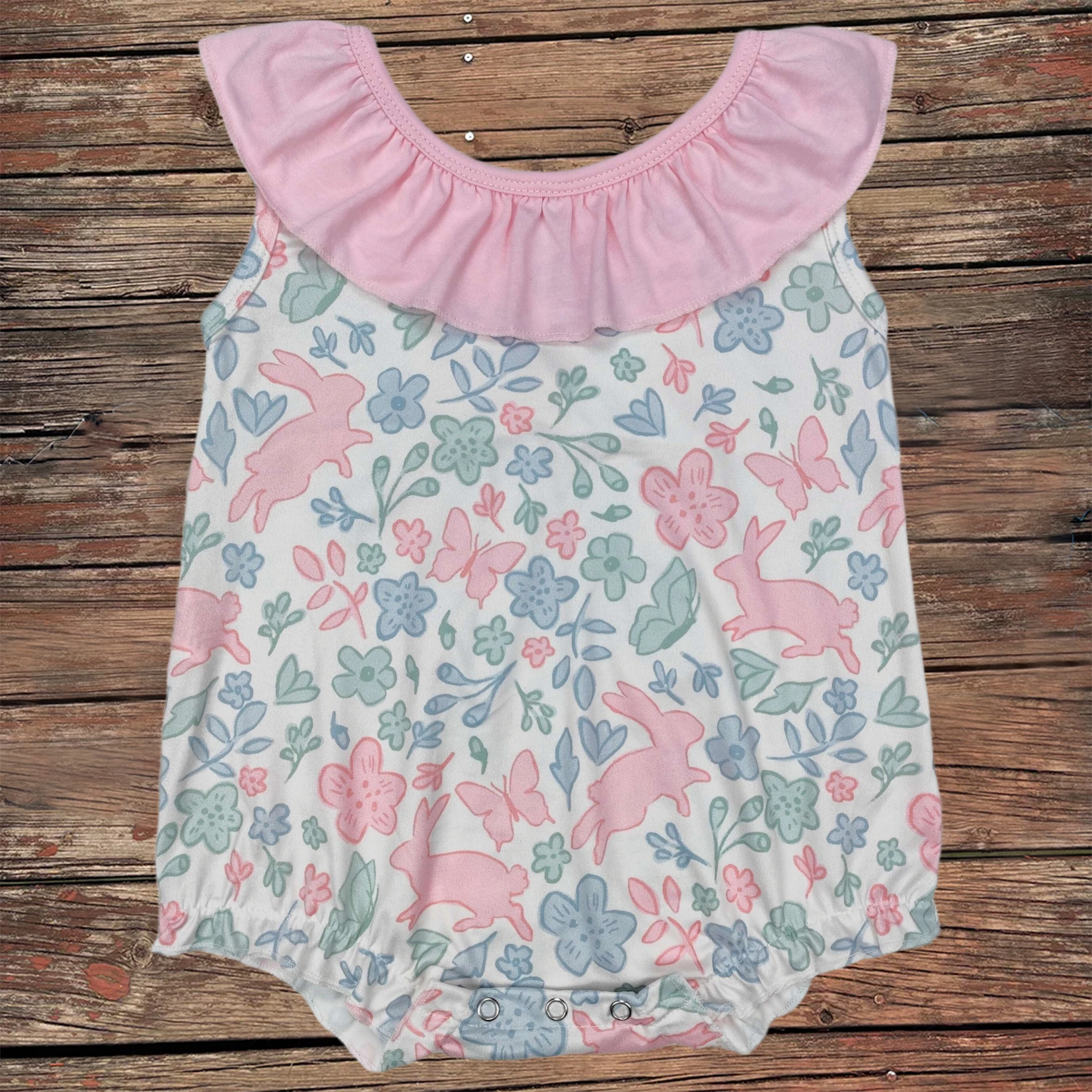 

Wholesale Children Kids Toddler Easter Bunny Pink Flowers Newborn Bows Short Sleeve Ruffles Romper Baby Girl Bubbles Clothes