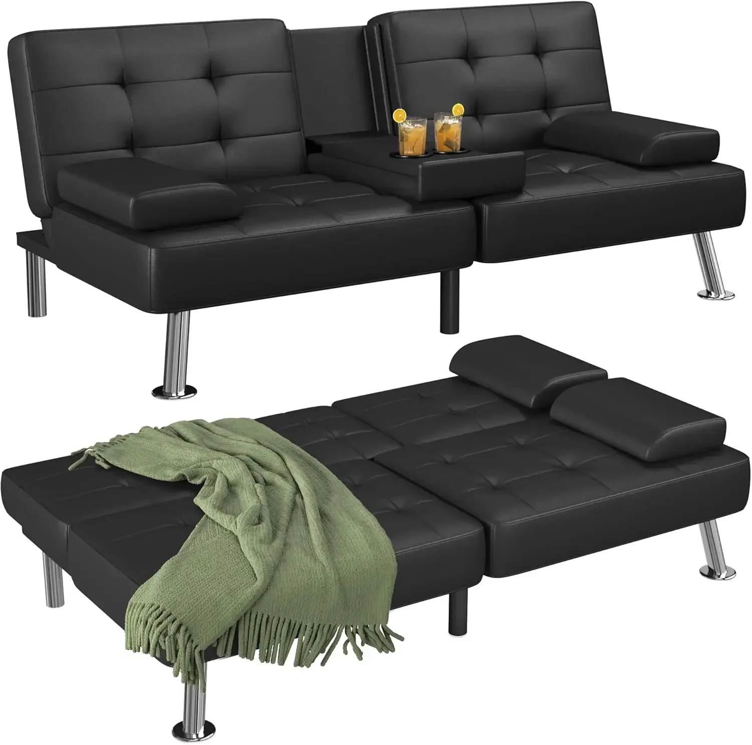 Futon Sofa Bed Modern Folding Futon Set Faux Leather Convertible Recliner Lounge for Living Room with 2 Cup Holders,(Black)