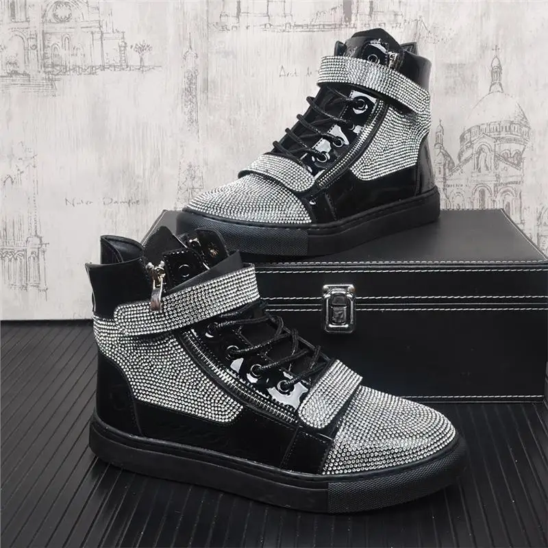 Bling Bling Men Rhinestones Sneakers Hook & Loop Lace-up Casual Sports Shoes Shiny Flats Unisex Sneaker Suit for Both Men Women