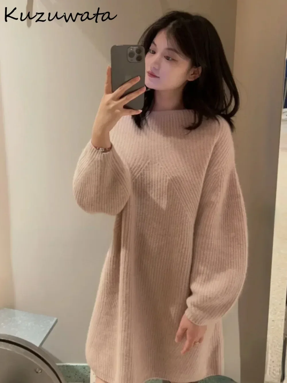 Kuzuwata Slash Neck Lantern Sleeve Elegant Feminine Mujer Solid Knit Wool Loose Off Shoulder Robe Japan Slim Exquisite New Dress