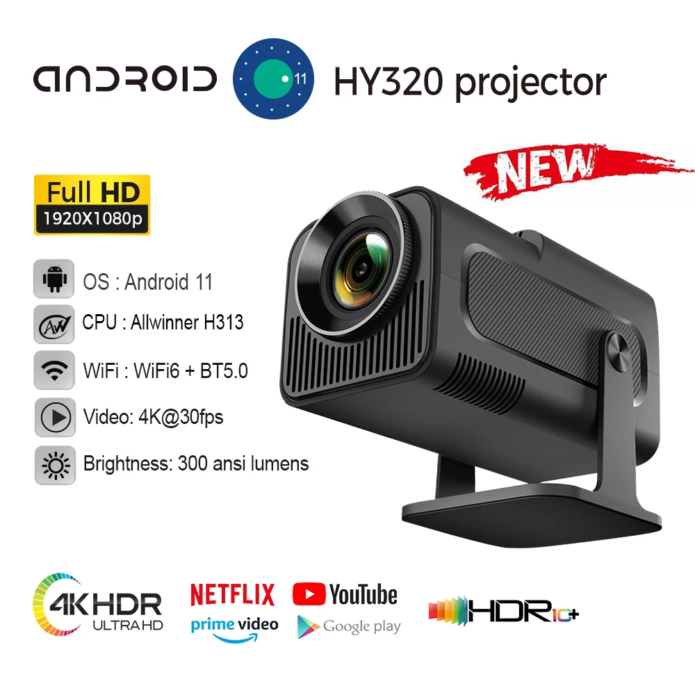 

Original HY320 Projector 4K Native 1080P Dual Wifi6 BT5.0 Cinema Outdoor Portable Projetor HY320MINI Upgrated Android 11 390ANSI