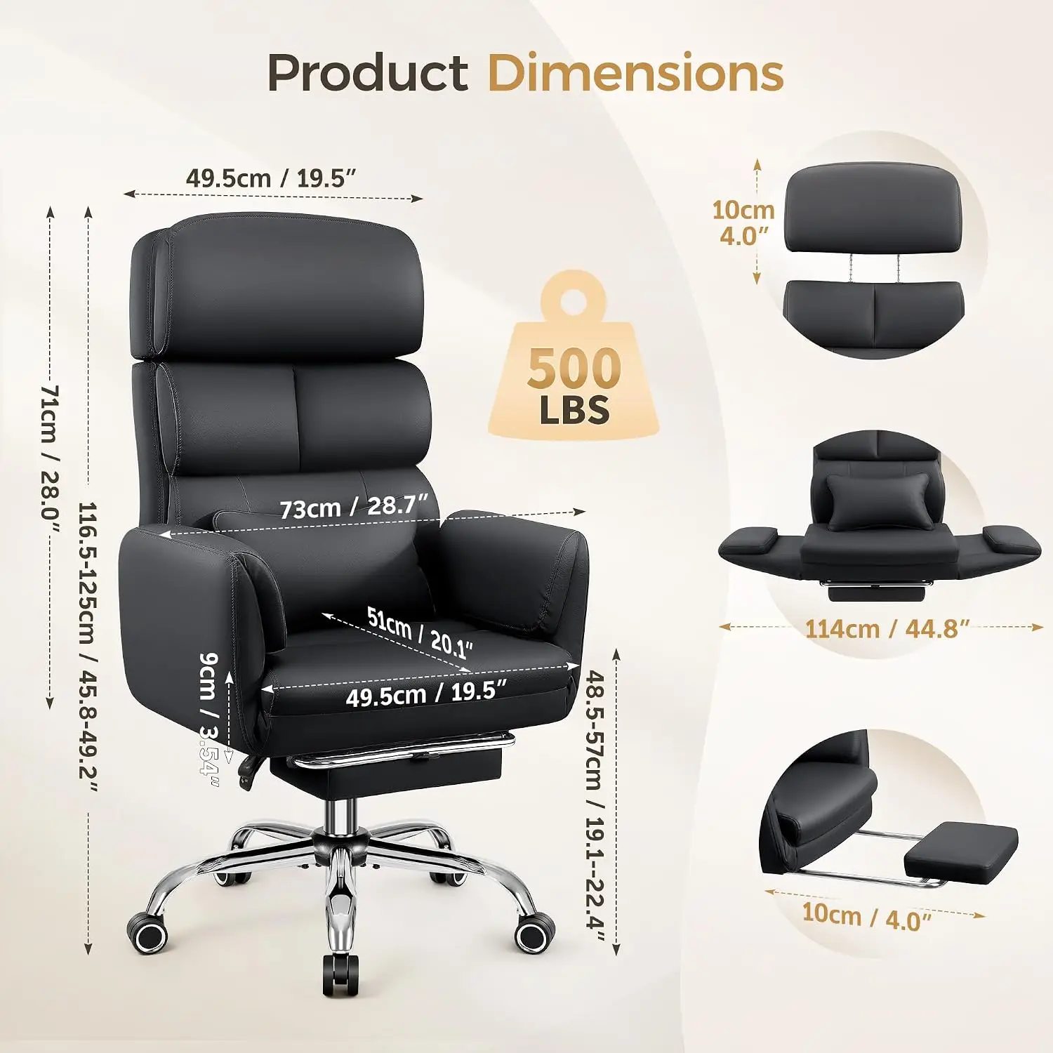 Big & Tall Office Chair 500LBS, Ergonomic Leather Executive Reclining Swivel Lumbar Support Footrest Criss Cross, Customized