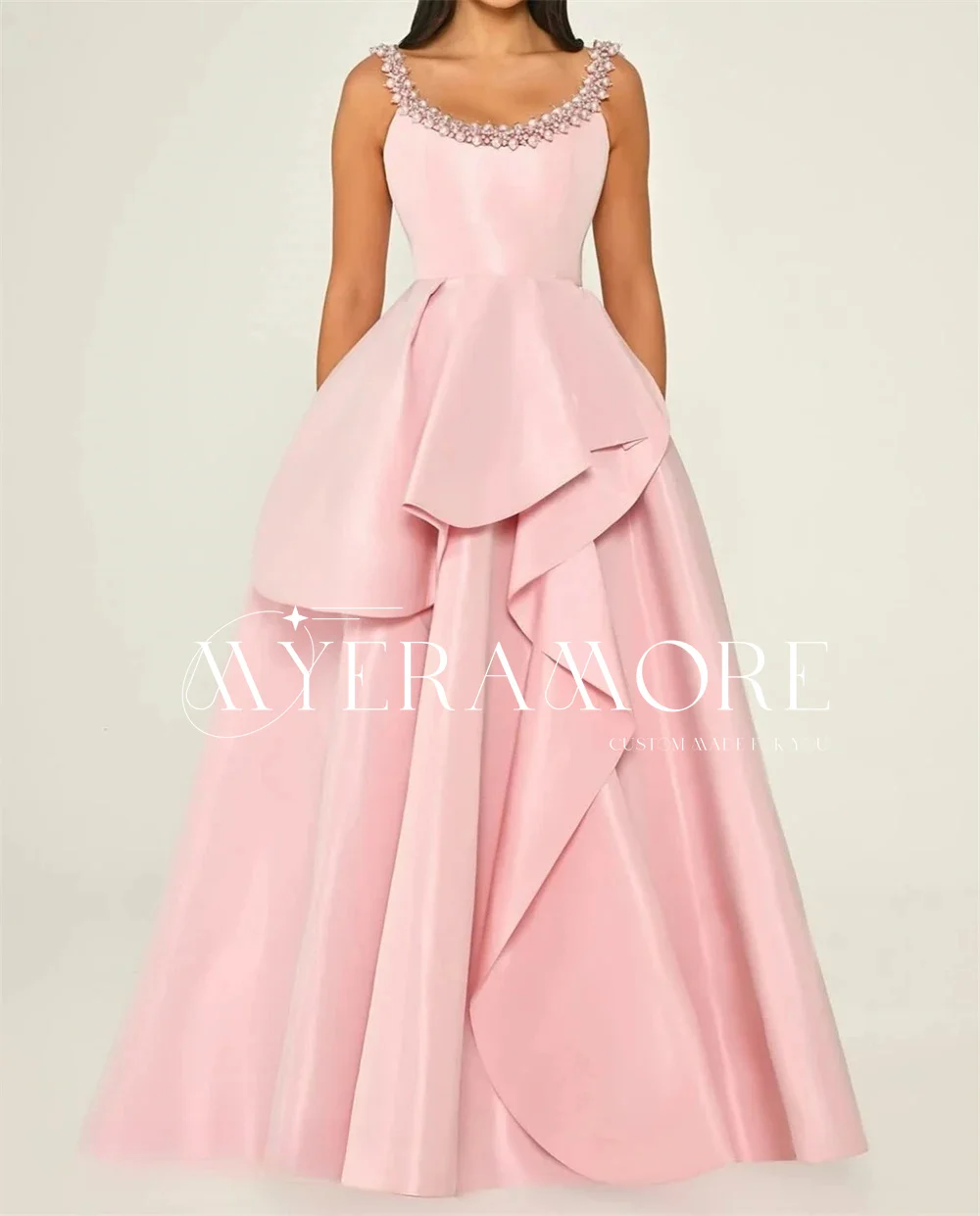 

Elegant O Neck Evening Dresses Sleeveless Ruffle Appliques Backless Prom Dresses for Women Party Wedding Formal Event Customized