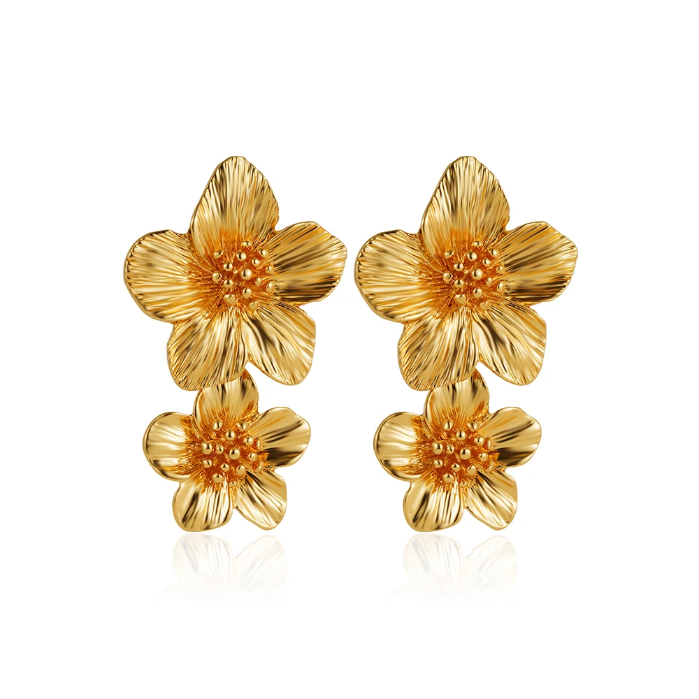 Vintage Stainless Steel Double Flower Drop Earrings for Women Metal Waterproof Statement Gold Color Stylish Tarnish Free Jewelry