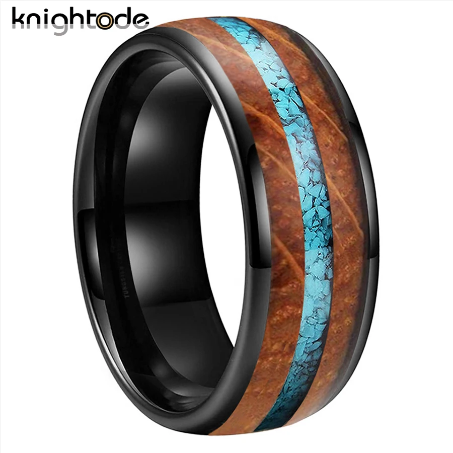 8mm Tungsten Carbide Engagement Rings For Men Women Wedding Band Turquoise Whisky Barrel Oak Wood Inlay Comfort Fit